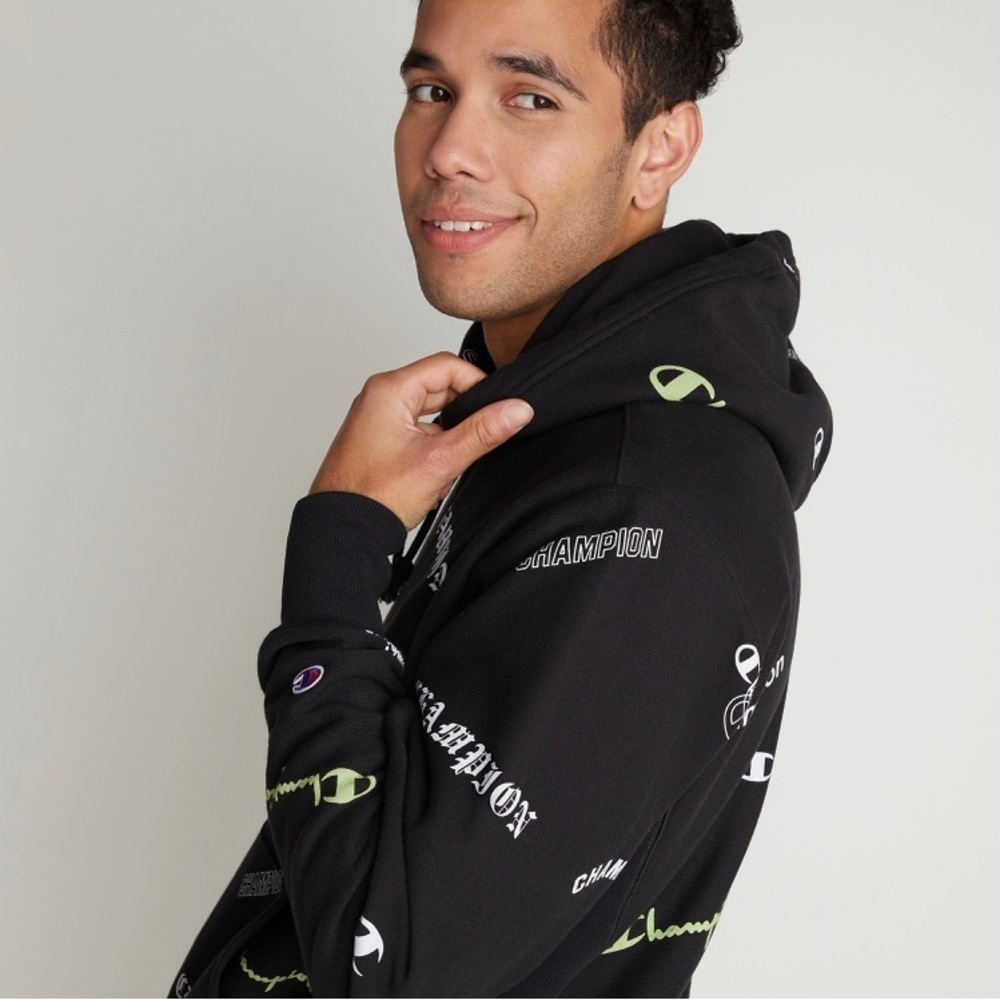 Champion Logo Hoodie Sweatshirt Heavy Weight Black Green White Size Medium NWT